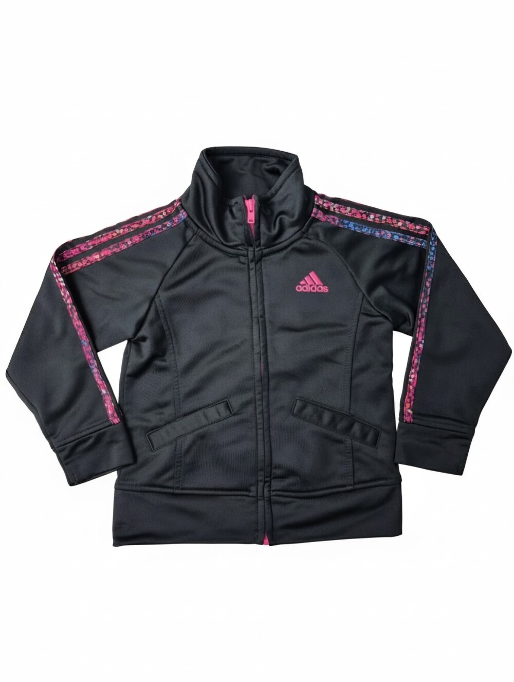 Adidas Girls Toddler Black Zip Up Track Jacket Pink Pixel Stripe Size 24M
